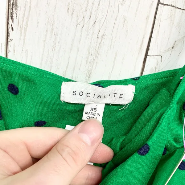 Socialite Polka‎ Dot Fit Flare Dress Womens Size XS Green Navy Blue Mini Stretch - Image 3