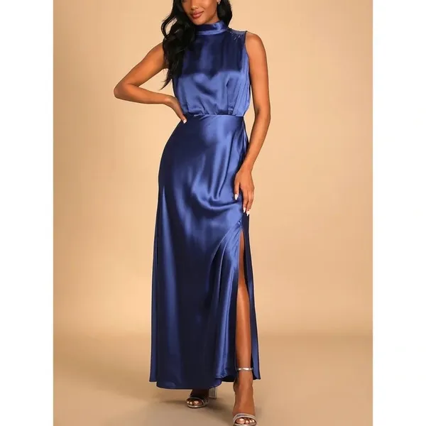 NWT Lulus Classic Elegance Satin Sleeveless Mock-Neck Slit Maxi Dress Large Blue - Image 12