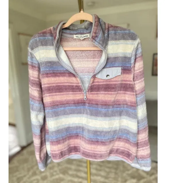 Wallflower Half Zip Pullover Striped Plush Cozy Luxe Buttery Soft Winter Comfy L - Image 4