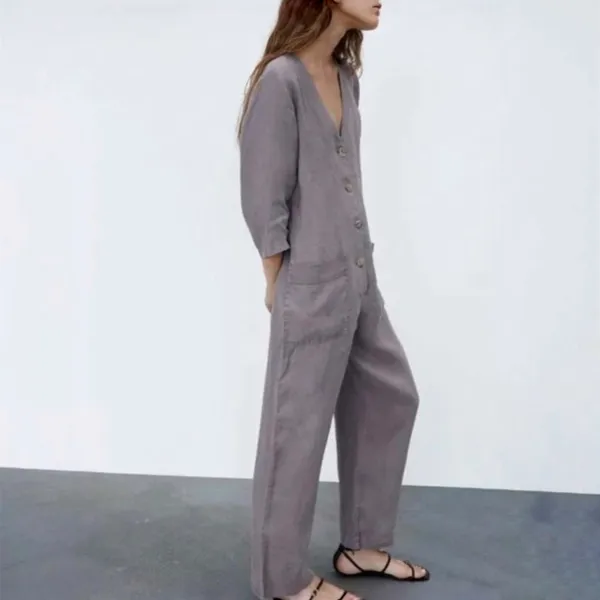ZARA Lillian Gray Linen Jumpsuit Button-Down Linen Romper Women’s Size Medium - Image 2