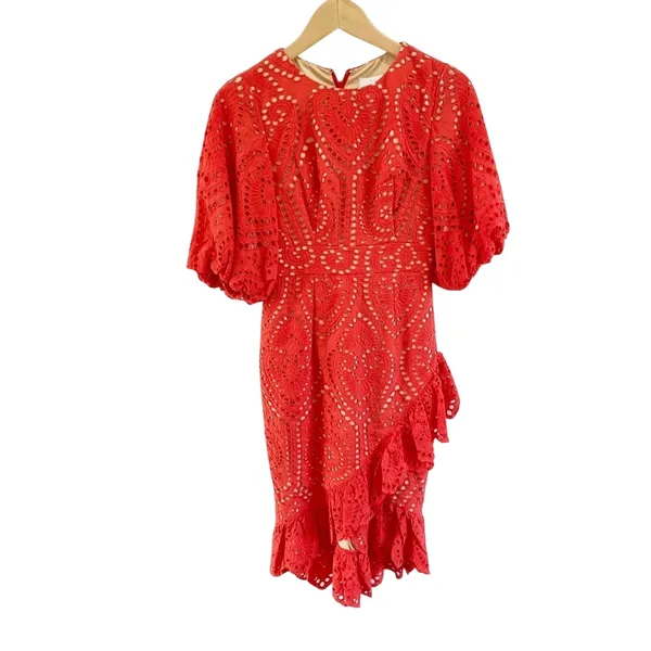 Jarlo NWT Anika Orange Eyelet Cocktail Dress Puff Sleeve Ruffle‎ Hem Sz 0 - Image 2