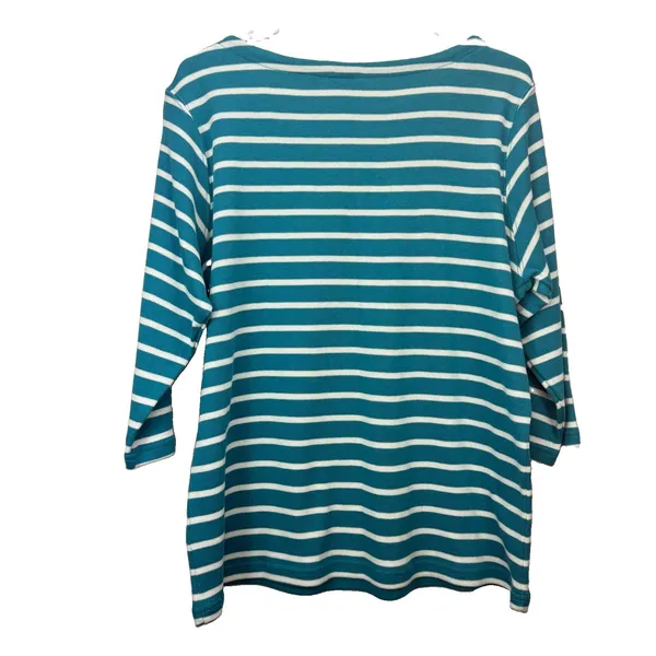 LL Bean Teal Striped Boat Neck 3/4 Sleeves Rib Knit Shirt Size XL - Image 5