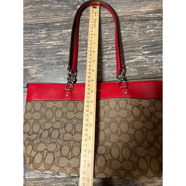 Coach Sophia Chain Tote‎ Bag RED Khaki Signature C Shoulder Laptop Carrier 37118 - Image 4