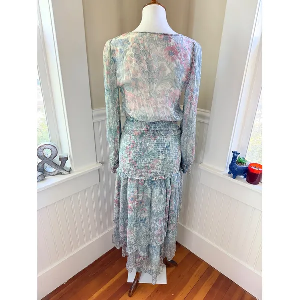 LoveShackFancy Floral Smocked Midi Dress Blue Pink Ruffle Size M - Image 3