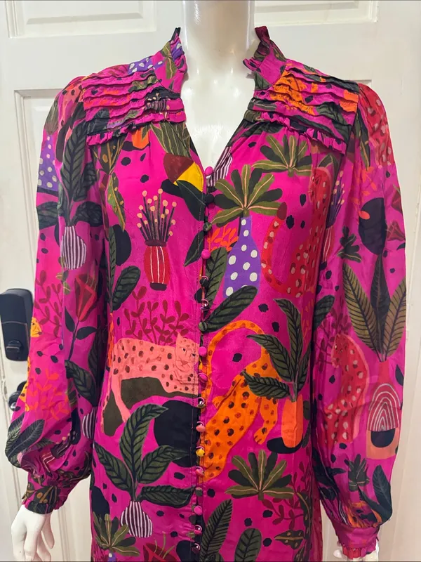 Farm Rio Jungle Print Maxi Dress Womens Pink Leopard Monkey Long Sleeve Sz S - Image 4