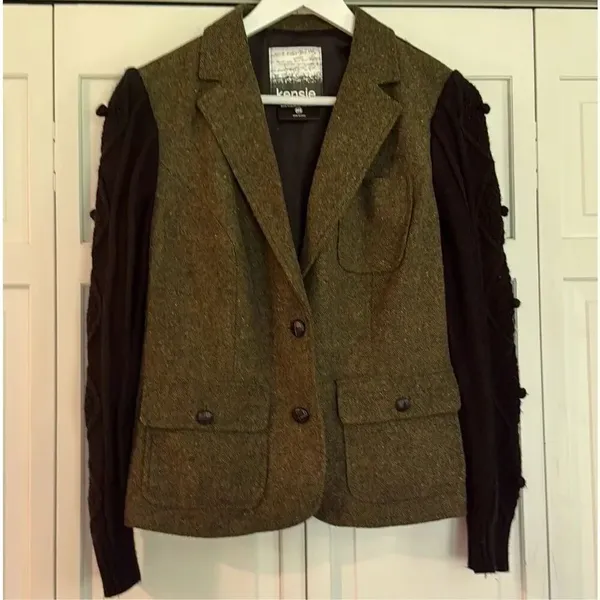 Kensie wool blend tweed popcorn knit sleeve blazer m - Image 10