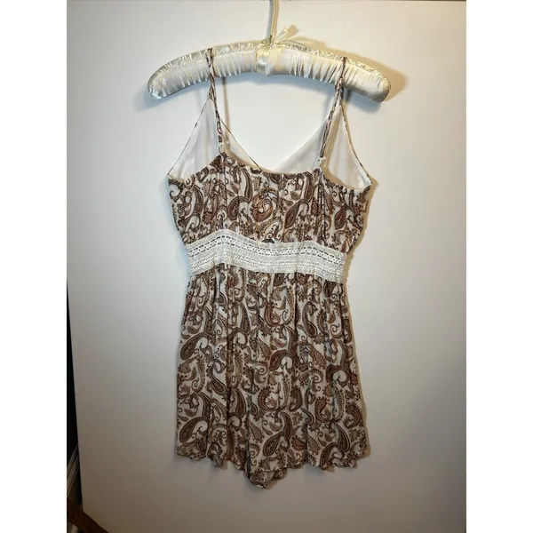 Justify XL Cream Brown Paisley Rayon Crochet Waist Sleeveless Boho Jumper Dress - Image 3
