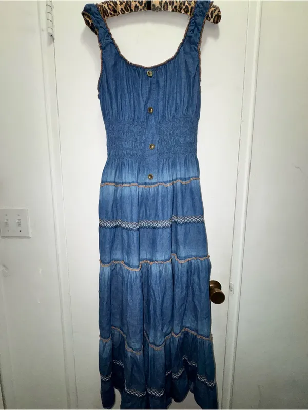 Lapis Blue Tiered Denim-Style Maxi Prairie Milkmaid Vintage Dress Large - Image 3