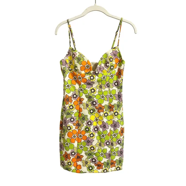 Zara Bright 70s Style Retro Floral Mini Dress Women's sz. XS Green Multicolor - Image 2