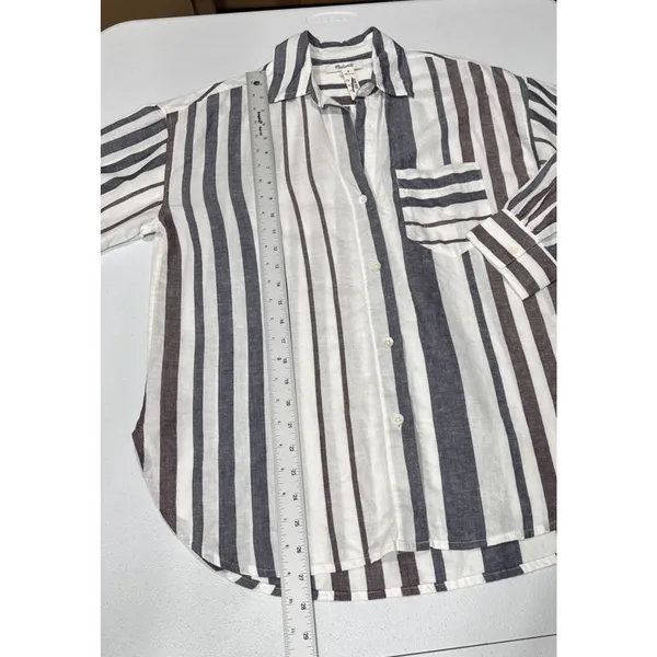 MADEWELL Striped Button-Up Shirt in Linen-Cotton Womens S Shirred 3/4 Sleeves - Image 13
