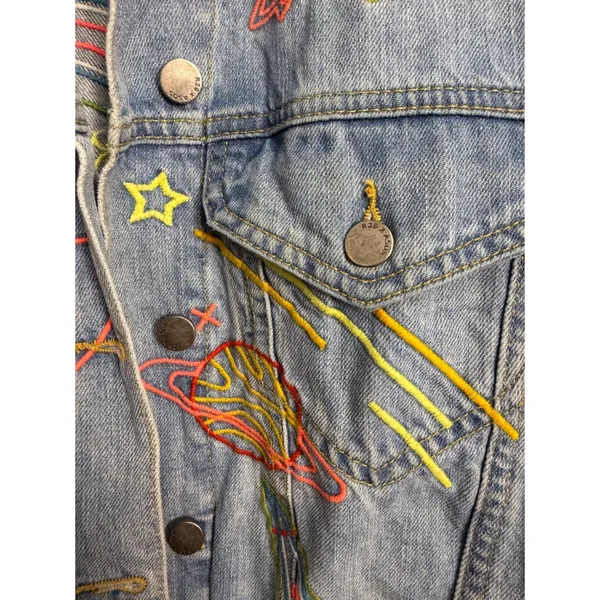 ASOS x Refinery29 Space Embroidered Denim Jacket Light‎ Wash Rocket Star XS - Image 7