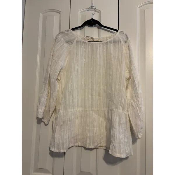 World Market Blouse Boho Cream‎ Gold Metallic Pinstripe Peplum L/XL NWT - Image 3