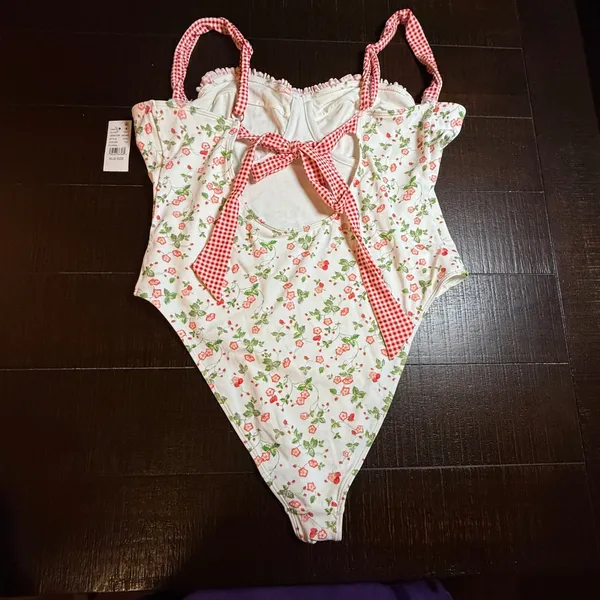 PacSun Swim Eco Floral Strawberry Underwire One Piece Swimsuit XL Gingham Tie - Image 6