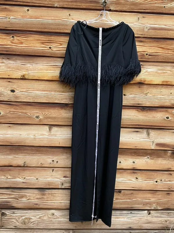 Mac Duggal Black Size 4 Feather Trim 1/4 Sleeve Long Column Gown Dress - Image 8