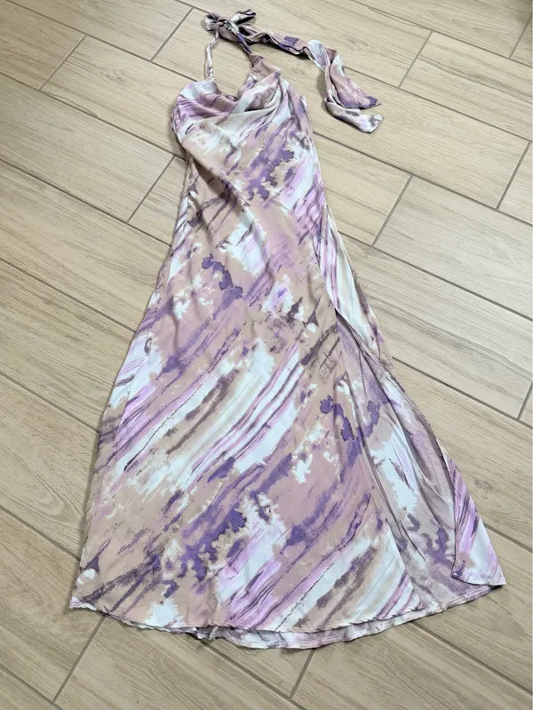 Hello Molly Full Time Glam Girl Maxi Dress Purple Abstract Cowl Neck Slit Size S - Image 2