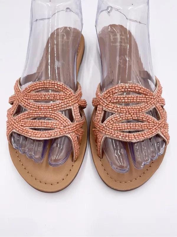 Haute Hippie Beaded Embellished Slide Sandals Women's Size 7 Peach Pink Bohemian - Image 4