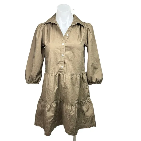 Gap NWT $80 Khaki Tiered Puff Sleeve Button Front Mini Babydoll Shirt Dress XSP - Image 6