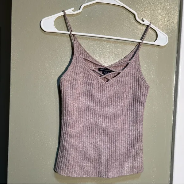 American Eagle‎ Women's Size Small Knit Tank Top Ribbed Beige V-Neck Lace Up - Image 2