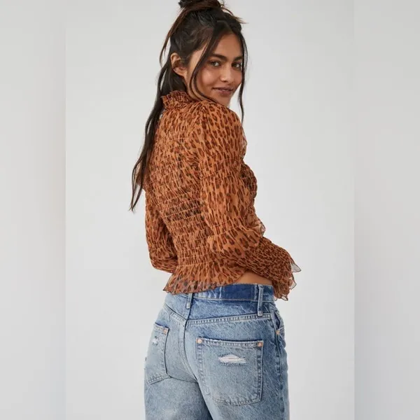 FREE PEOPLE Sheer Leopard Print Smocked Long Sleeve Top Mock‎ Neck Size XS New - Image 12