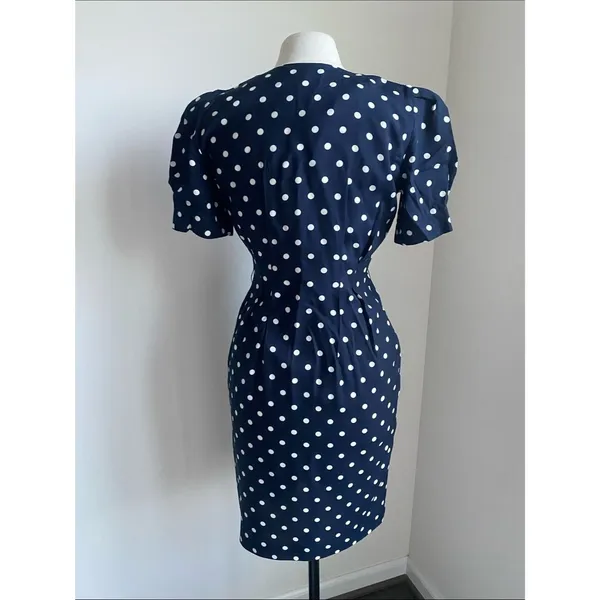 Vintage Polka Dot Navy Button-Front Dress Puff Sleeve Womens Sz 4 Petite - Image 5