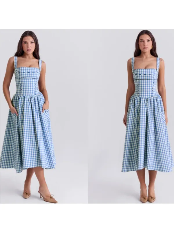 HOUSE OF CB 'Vivien' Regatta Blue Gingham Midi Sundress NEW - Image 2