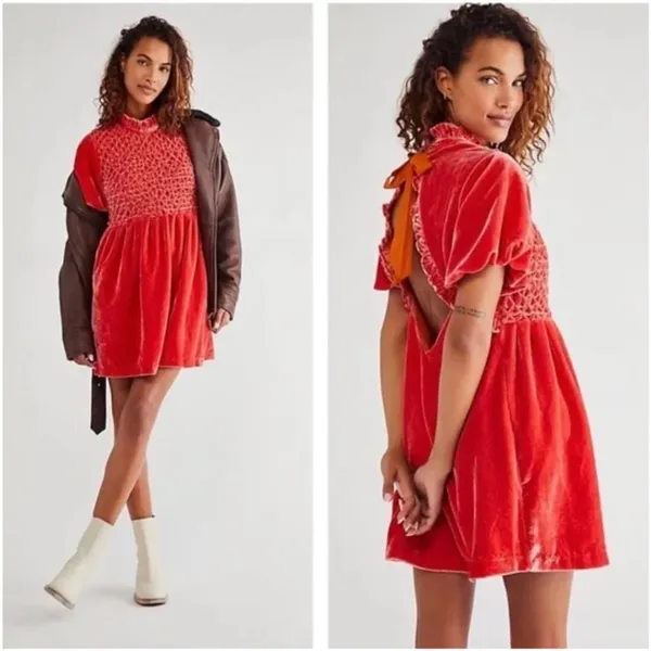 Free People Womens Gumdrop Red Orange Velvet Smocked Open Back Boho Mini Dress S - Image 2
