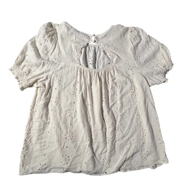 Torrid Eyelet Blouse Womens 1 White Smocked Puff‎ Sleeve Boho Pom Pom Trim Top - Image 2