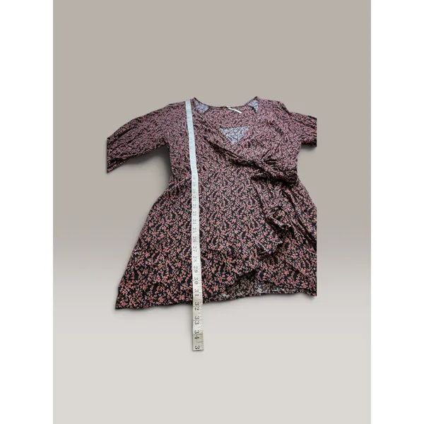 Free People Women Black Pink Floral Ruffle Wrap Dress 3/4 Sleeve Size L - Image 7