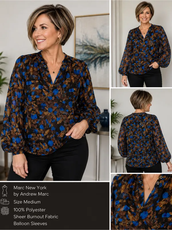 Marc New York Floral Burnout Balloon-Sleeve Blouse - Blue/Brown - Image 2