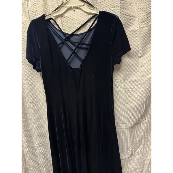 Vintage Caren Desiree Co. Deep‎ Navy Blue Velvet Maxi Dress Size 10 Fitted Flair - Image 3