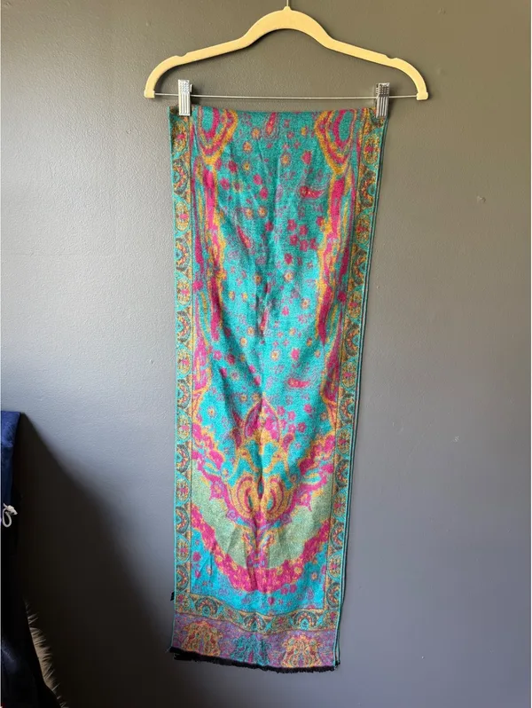 100% Silk Turquoise and Coral Floral Shawl Wrap - Image 2