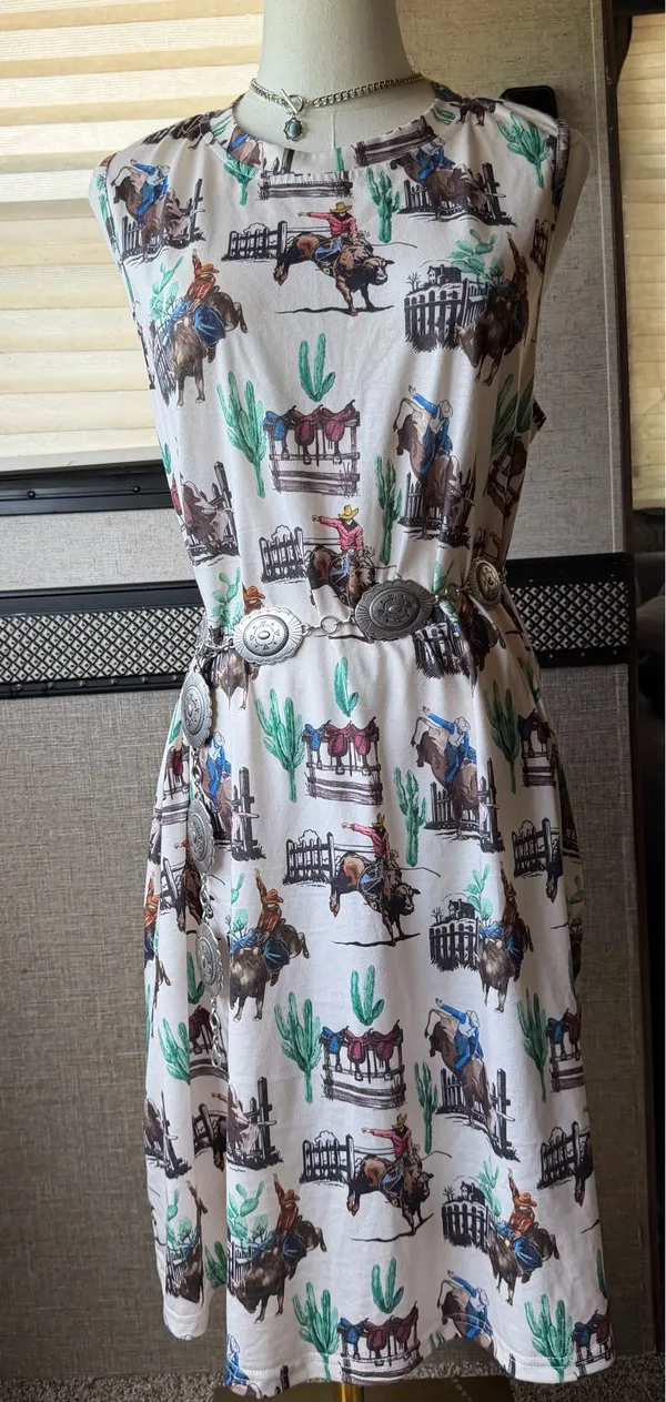 Lucky & Blessed Western Kicking Bull Cactus Printed Dress - Image 2