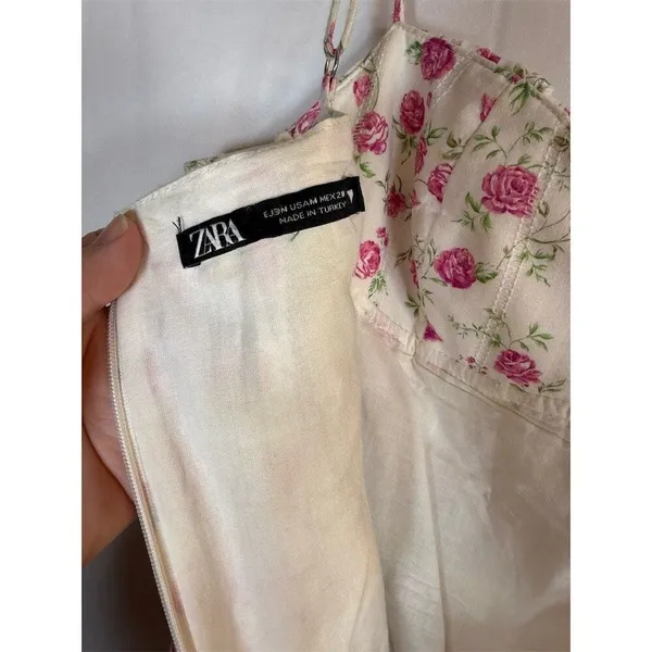 Zara Mini Dress Womens M White Pink Floral Rose Corset Bustier Strappy - Image 10