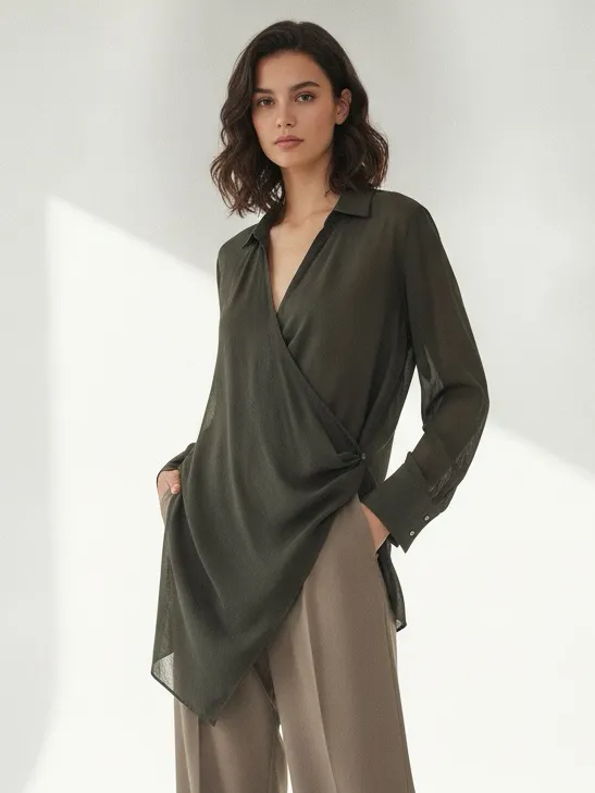 Zara Dark Green Wool Blend Draped Asymmetrical Avant Garde Long Wrap Blouse L - Image 2