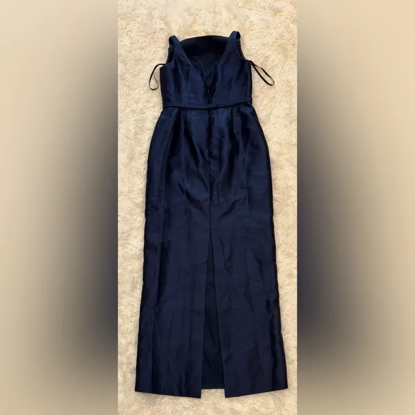NEW Alfred Sung Strapless Bow Belt Satin Twill Column midnight blue Gown Sz 2 - Image 7