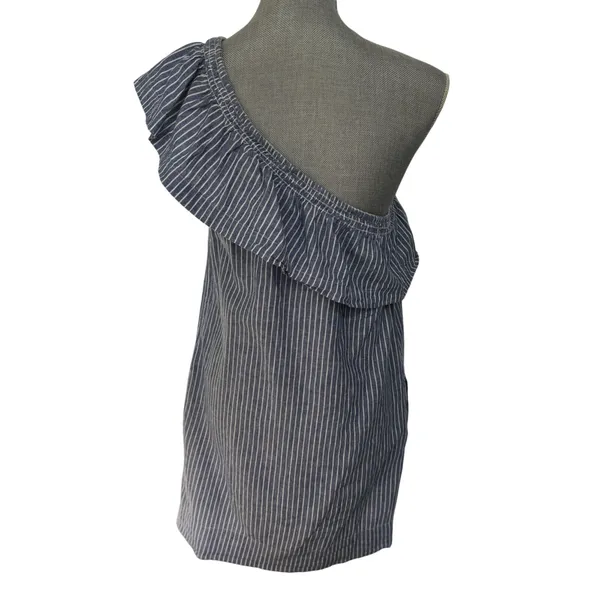 Aqua Linen Blend Blue White Striped One Shoulder Mini Dress S Ruffle Pockets - Image 3