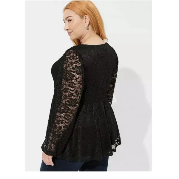 Torrid Black Stretch Lace Smocked Long Sleeve Babydoll Top Size 3X Goth Casual‎ - Image 4