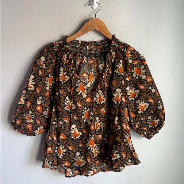 Free People Willow Print Puff Sleeve Blouse Small - Image 2