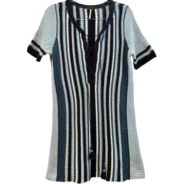 Free‎ People Tunic Sweater Mini Dress Boho Knit Navy Baby Blue Cozy Chic Small - Image 4