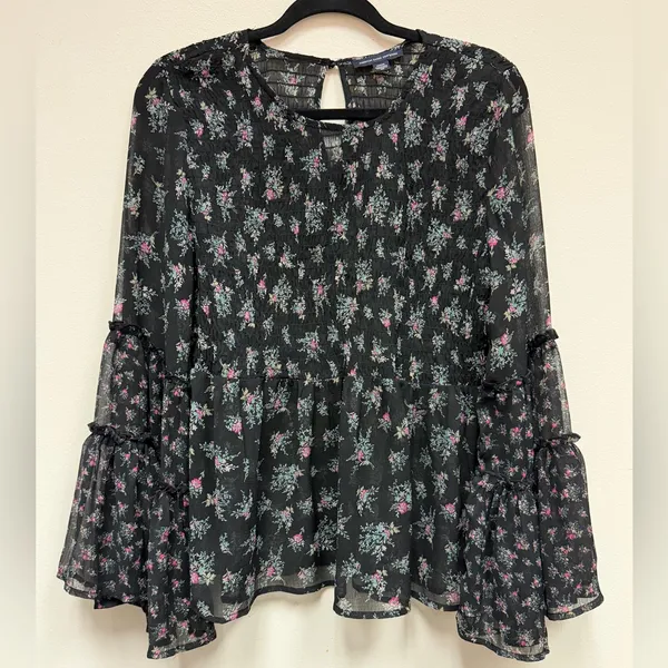 American Eagle Dark Floral Smocked Bell Sleeve Top Whimsigoth Fairy 70s Blouse M - Image 8