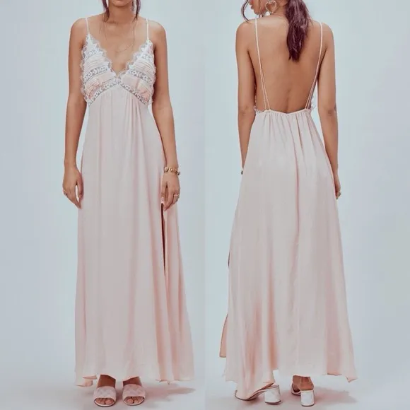 For Love & Lemons lovebird blush Pink Maxi nightgown lace Dress L - Image 3