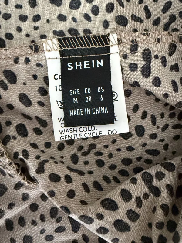 SHEIN Size M Tan Black Spotted Wrap Dress Ruffle Flutter Sleeve Belted Leopard - Image 6