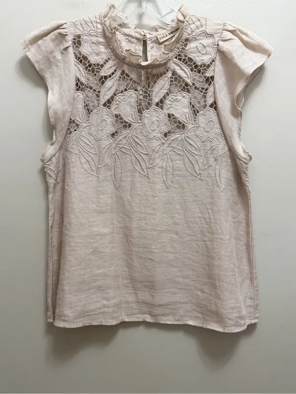 Ulla Johnson Aimee Linen Lace Eyelet Top Floral Embroidered Tan Size 4 - Image 4