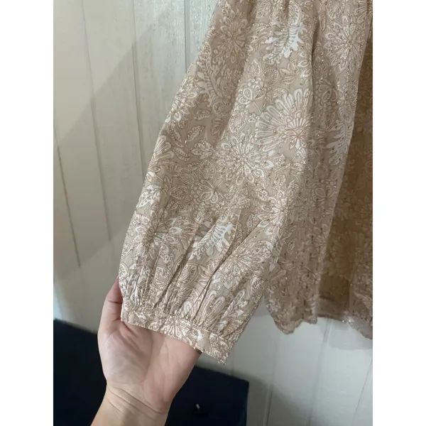 LOFT Womens Tan White Floral Metallic Shimmer Split Neck Blouse Size S - Image 5