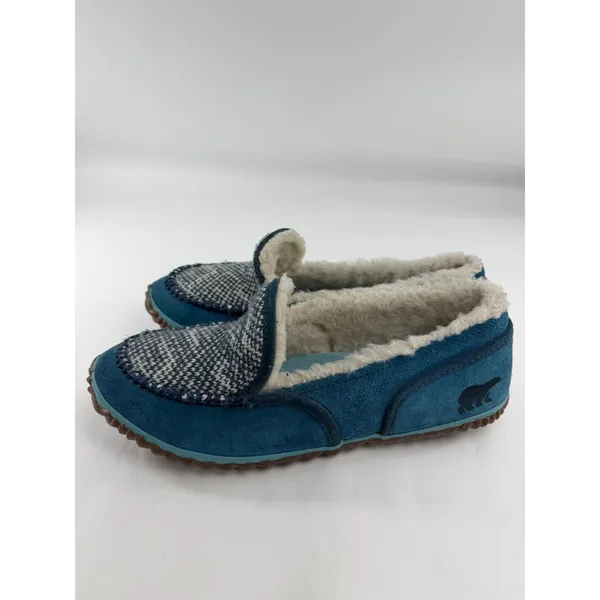 Sorel Tremblant Moc Blue Suede Knit Faux Fur Slippers Womens 11 NL2121-462 - Image 3