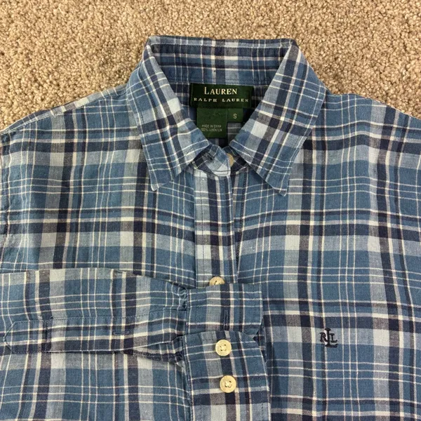 Lauren Ralph‎ Lauren Linen Plaid Shirt Womens S Blue Long Sleeve Button Preppy - Image 8