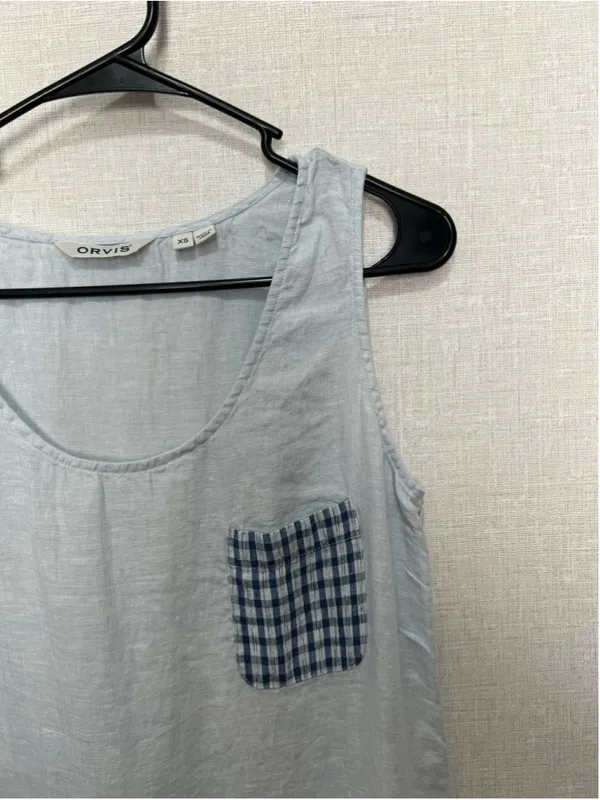 Orvis 100% Linen Blue Gingham Trim Lightweight Summer Midi Tank Dress - Image 3