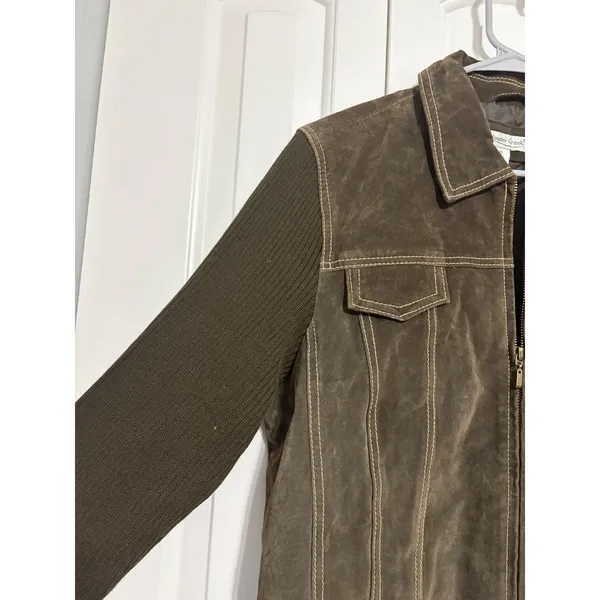 Coldwater Creek Jacket Mixed Media Suede Knit Brown Contrast Stitch Size 16 - Image 3
