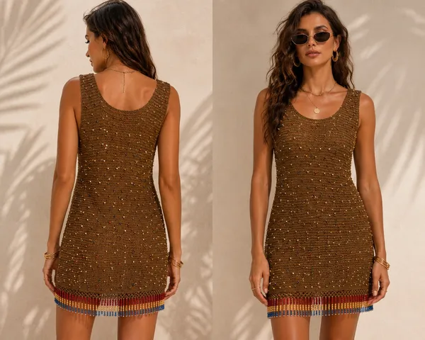 Vicky Moreinis Brown Knit Beaded Swimwear Cover up Dress Beaded Fringe Stretch - Image 2