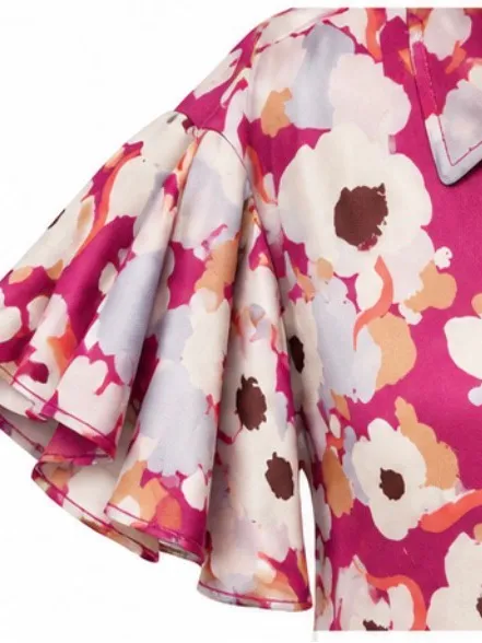 Joie Floral Button Front Blouse Medium Pink 100% Viscose High Low Satin Feel - Image 4